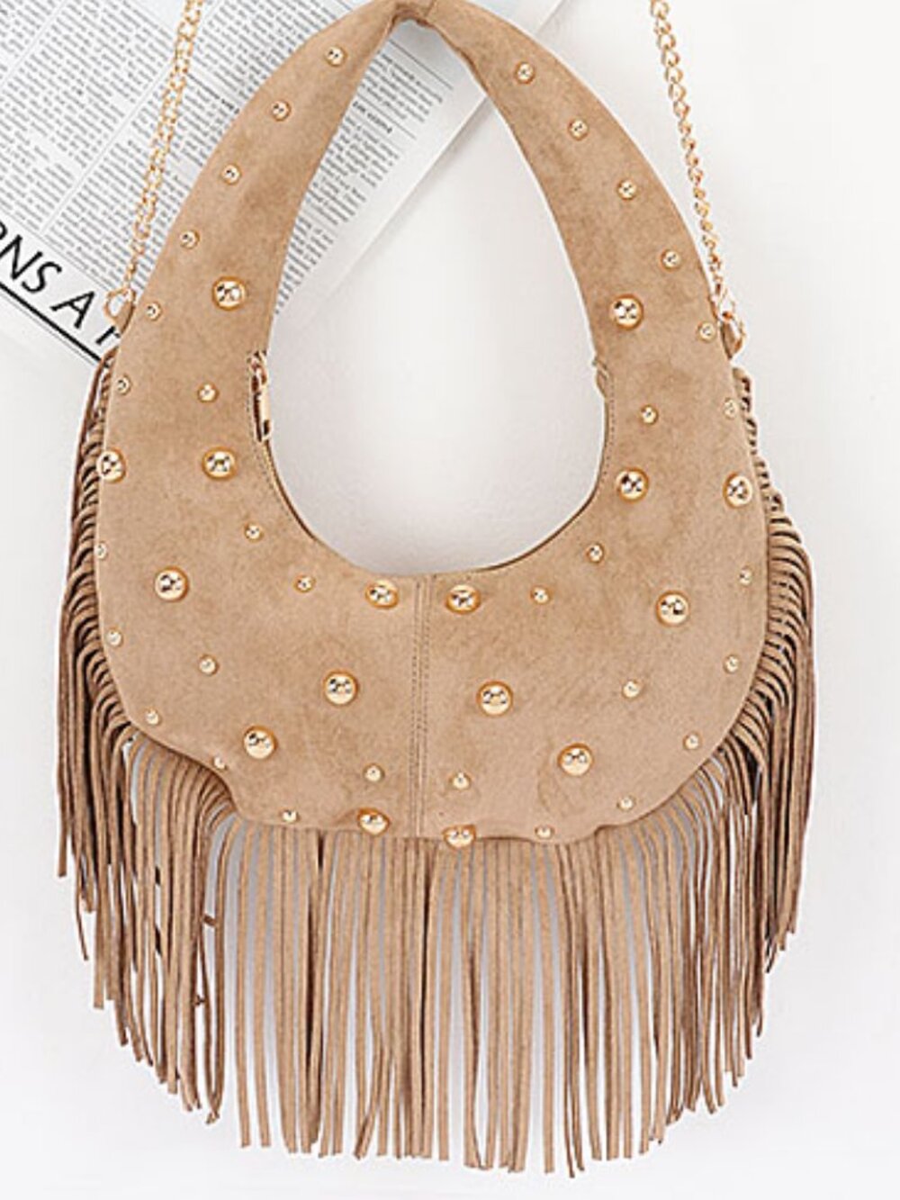 Trendy Metal Studded Fringe Hobo Bag